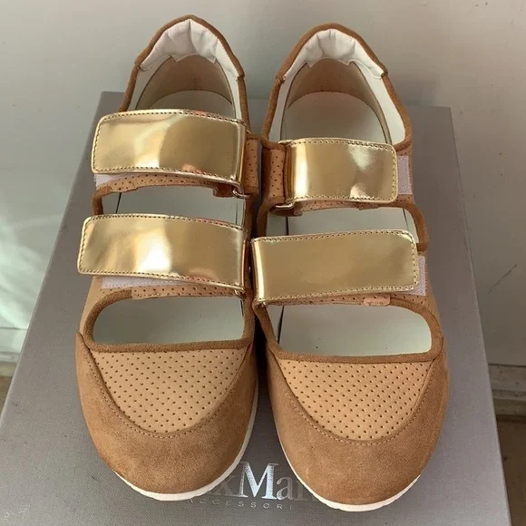 NEW MAX MARA Tan Suede  Leather Velcro Sneakers - Picture 3 of 13